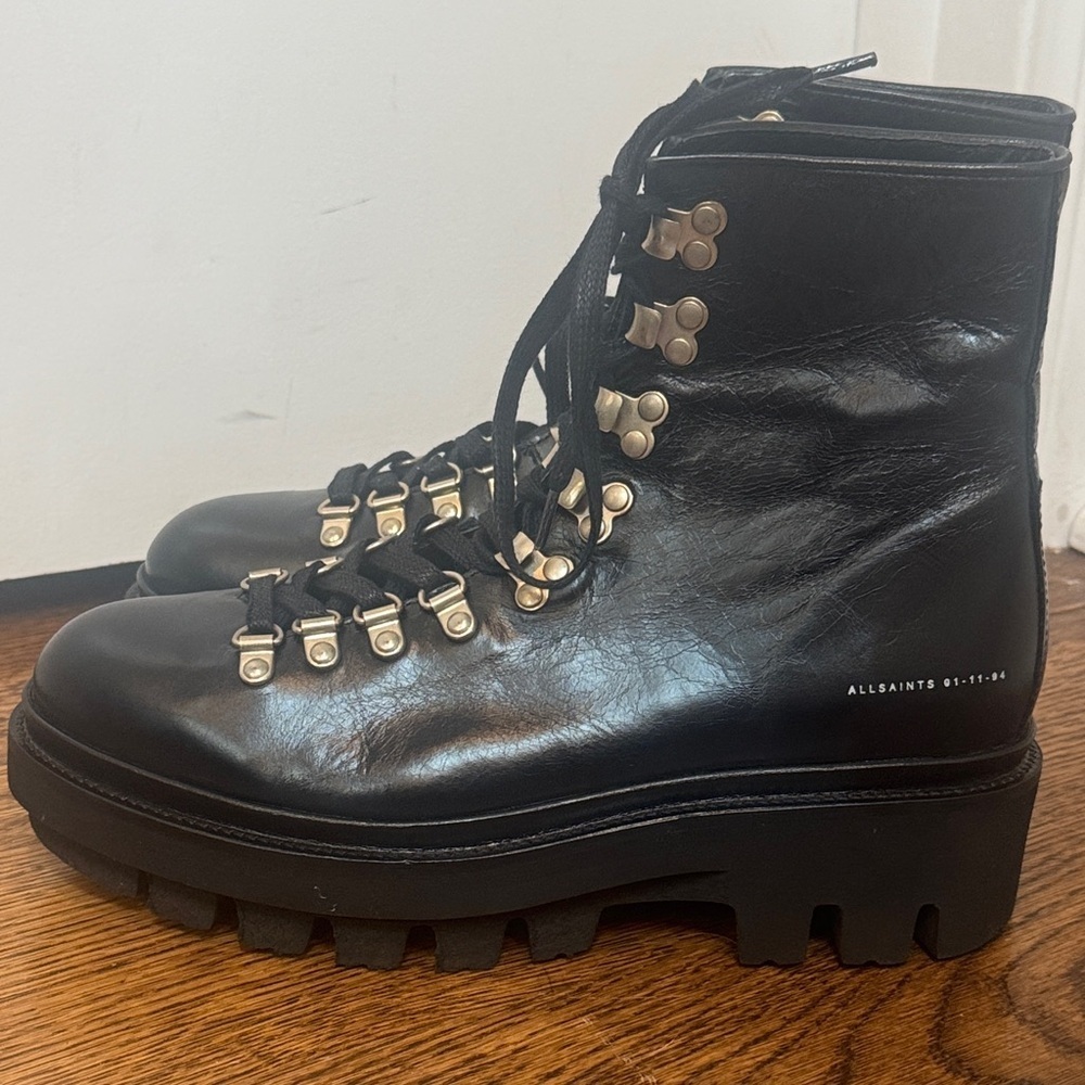 All Saints Wanda Lug Sole Black Leather Combat Boots 40/10 - Picture 8 of 16